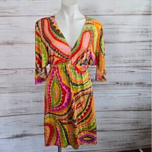 Trina Turk Mod Print V Neck Summer Resort Dress sz S